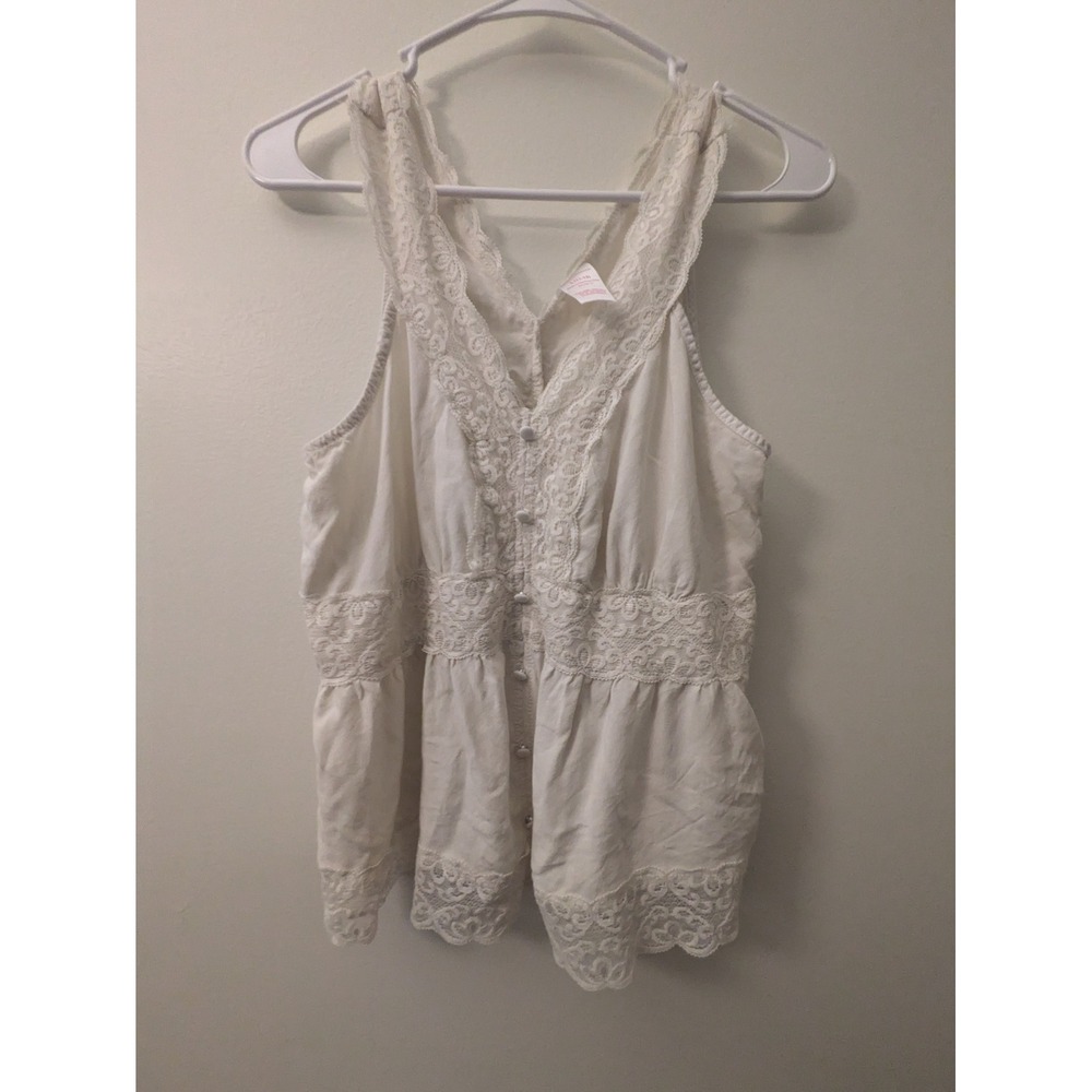 Vintage Woman's Babydoll Tank Top, Lace Trim, Button Detail Small
